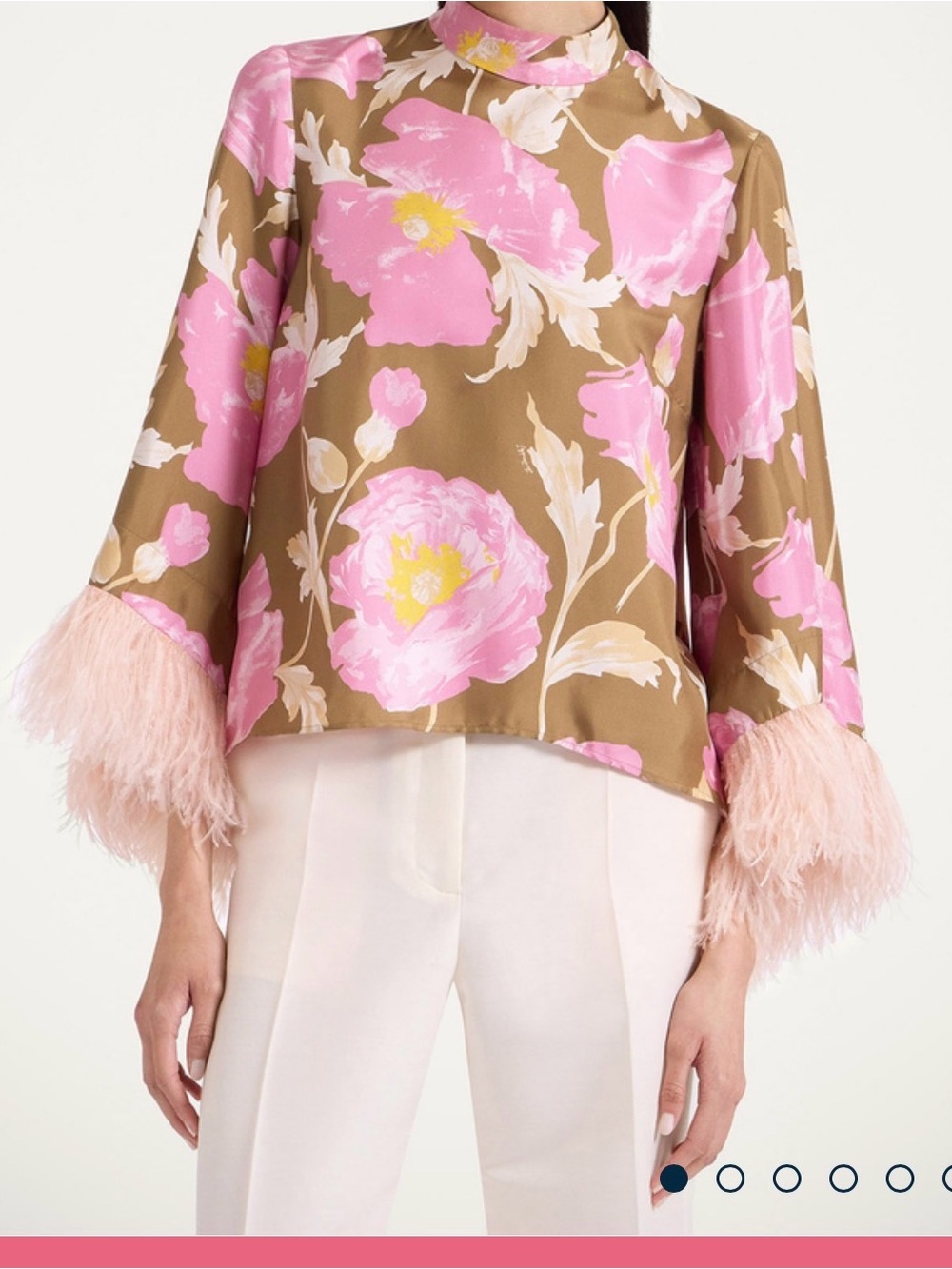 Floral Feather-Cuff Mock Neck Blouse - Pink Floral